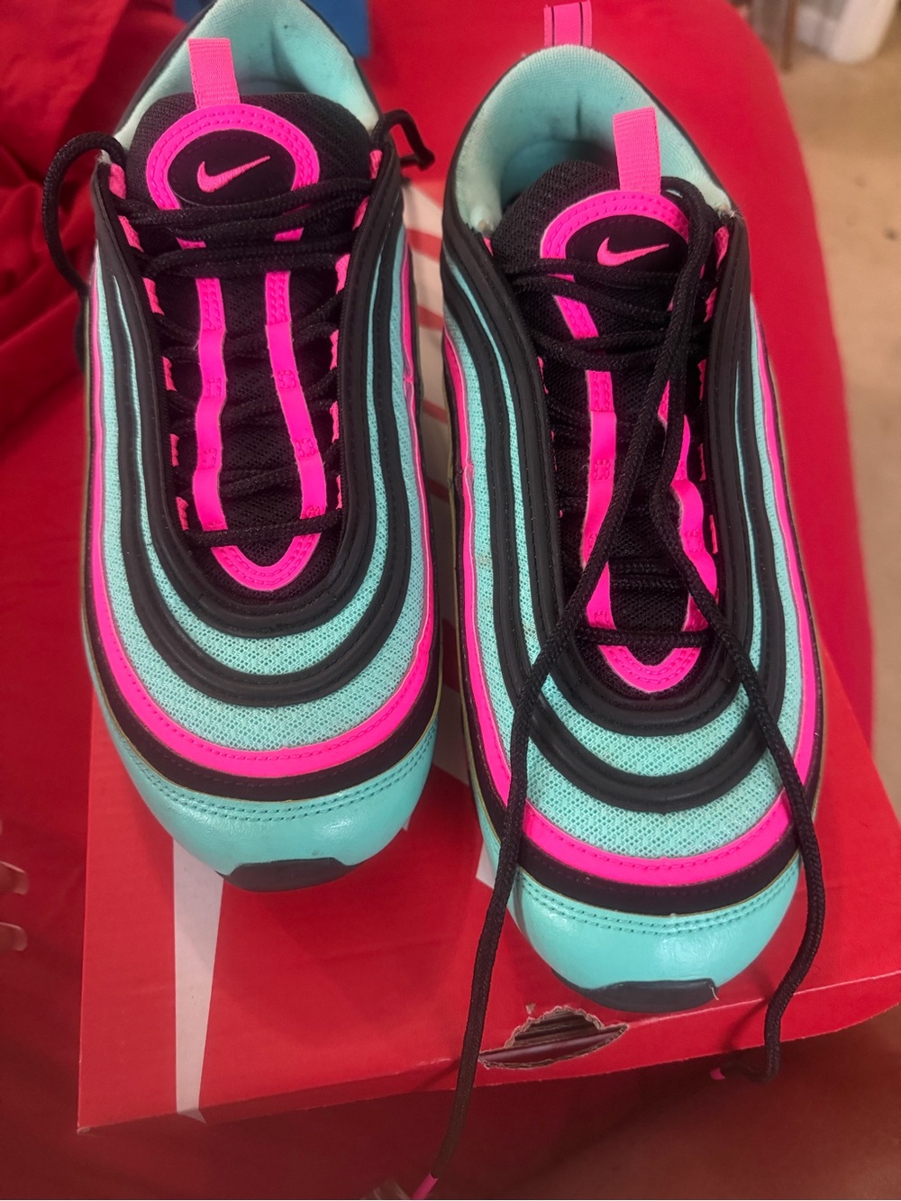 Nike Women's Air Max 97 in Teal with Pink Accents - Picture 4 of 5